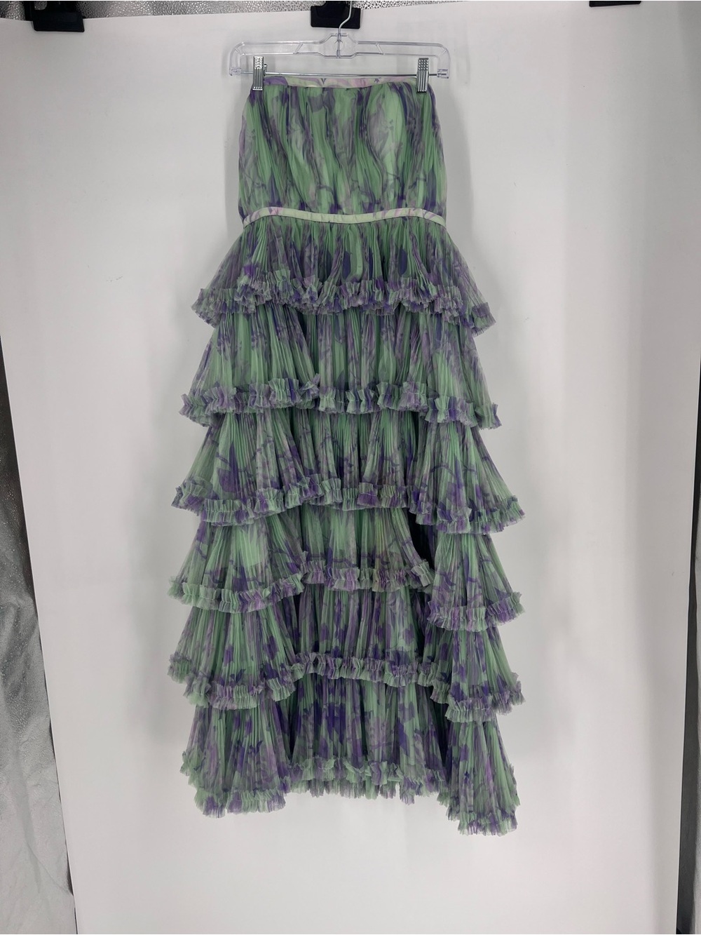 Hutch Strapless Green and Purple Tiered Tulle Ruffle Formal Maxi Dress Gown 4P